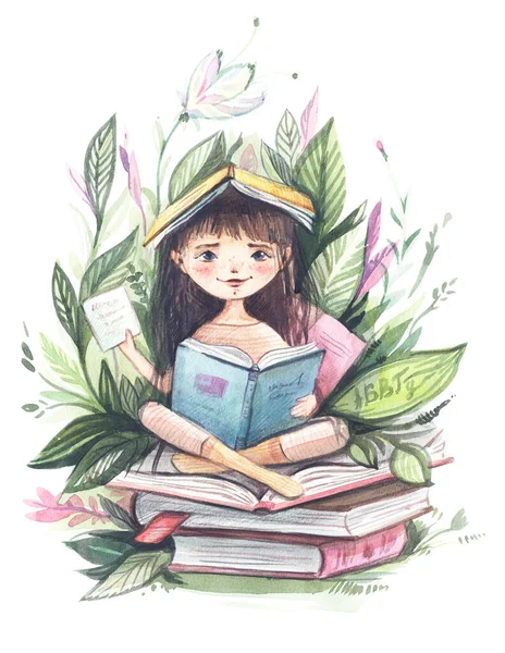 Cute girl sitting on books. Lady with a book on her head. Books and plants. Watercolor illustration.