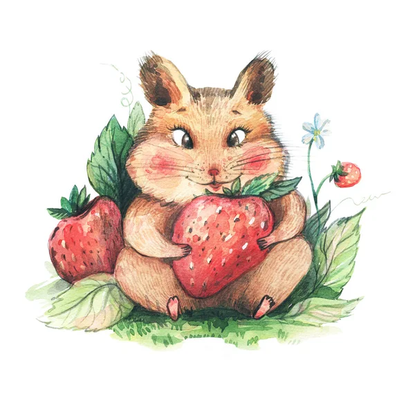 Cartoon Hamster Eating Strawberries Portrait Cute Hamster Holds Strawberry Berry — Stock Photo, Image