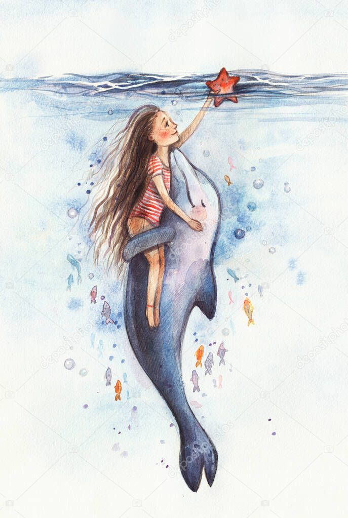 Cute girl in a striped swimsuit swims with a dolphin underwater and holds a starfish in his hand.Girl hugs with a dolphin. Best friends. Watercolor illustration. Cartoon dolphin is friends with man.