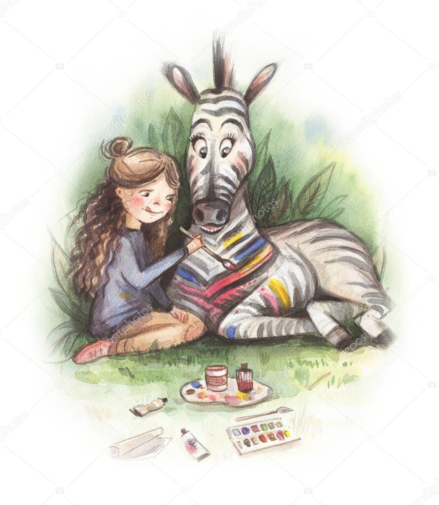 A girl in a blue dress draws colorful stripes on a zebra. Funny girl artist. Colorful striped zebra. Watercolor illustration. Friendship between man and animal. 