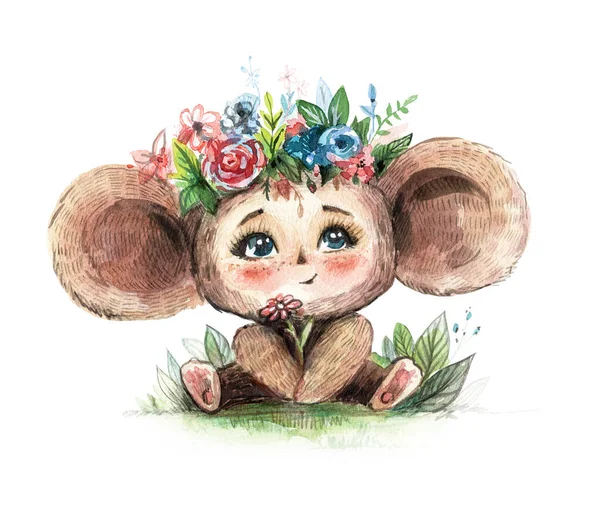 Cheburashka Con Flores Personajes Dibujos Animados Rusos — Foto de Stock