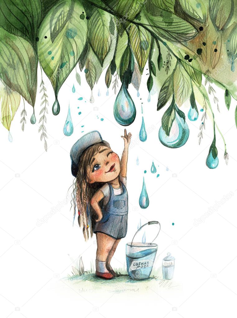 Watercolor illustration of a girl in a tropical forest. A cute little girl in a blue jumpsuit admires the dew drops.Thumbelina. Girl and plants. Explore the world