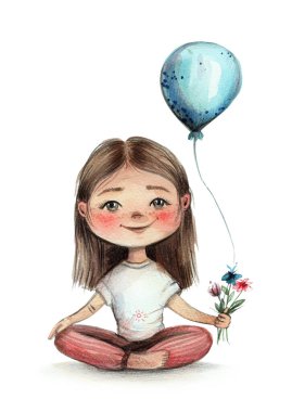 Oturan ve elinde balon tutan tatlı bir kız. Doğum günün kutlu olsun, doğum günü kartı. Elinde bir buket çiçek ve balon olan bir bayan. Suluboya çizimi. Lotus Konumundaki Mutlu Kız.
