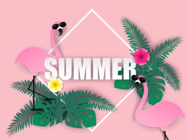 Yaz indirimi geçmişi. Renkli pastellerde flamingo ve tropikal yapraklı tasarım. Kağıt sanatı. Şablon, afiş, afiş, poster ve broşür tasarımı. Vektör.