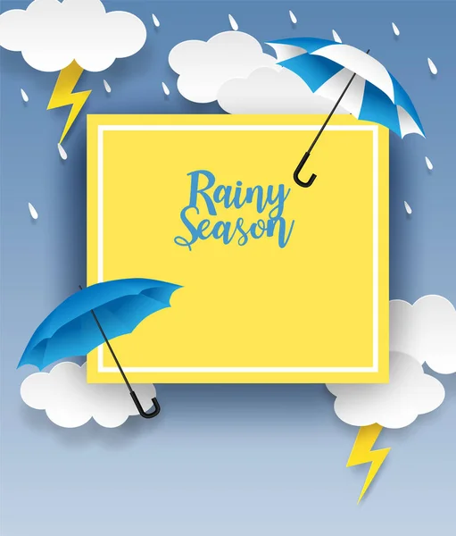 Regenzeit Design Mit Regentropfen Regenschirm Und Wolken Auf Blauem Hintergrund — Stockvektor