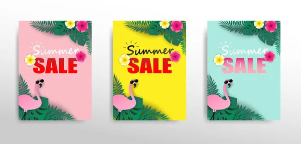 Sommerschlussverkauf Design Mit Flamingo Und Tropischen Blättern Auf Bunten Pastellkreiden — Stockvektor