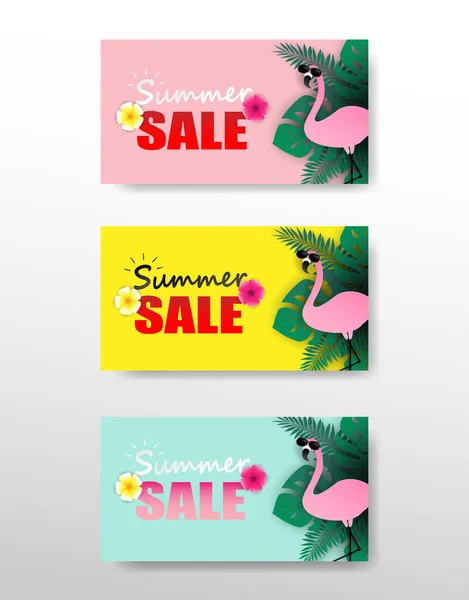 Zomerverkoop Achtergrond Ontwerp Met Flamingo Tropische Bladeren Kleurrijke Pastels Papieren — Stockvector