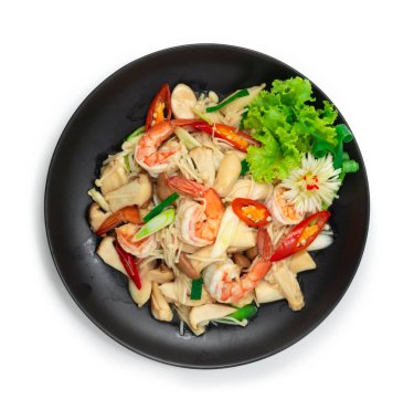 Kızarmış karidesleri erynji kral istiridyesiyle karıştır, altın iğneli mantar Asya yemeği tarzı sağlıklı diyet yiyecekler düşük sodyum süslemesi oyulmuş sebze ve pırasa üst görünümü