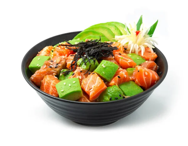 Salmon Poke Bowl with Avocado ingredients Ahi shoyu,Vinegar, sesame, onion Healthy Food Hawaii Poke don style combination Japanese food famous popular meal on white background decorate with leek flower shape sideview