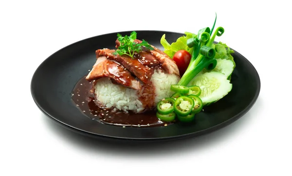 Red Barbeque Pork Rice Resep Dengan Red Sweet Sauce Atasnya — Stok Foto