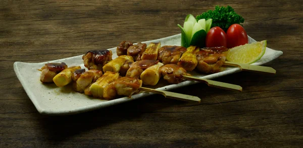 Yakitori Grilled Chicken Leek Bunching Onion Skewers Japanese Food Fusión — Foto de Stock