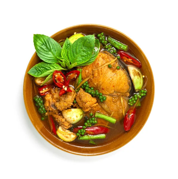 Red Curry Pangasius Fish Spicy Soup Striped Catfish Herbs Thai — Stock Photo, Image