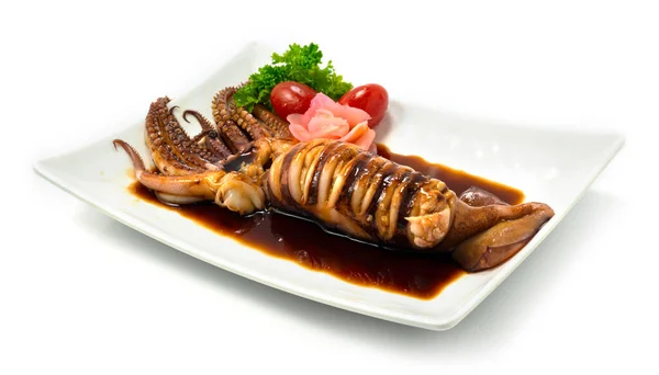 Calamar Parrilla Ika Con Salsa Teriyaki Decorar Vinagre Jengibre Verduras — Foto de Stock