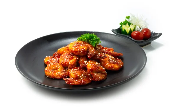 Würzige Koreanische Garnelen Frittiert Mit Chili Sauce Kochujung Streuen Sesam — Stockfoto