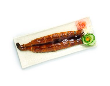 Unagi Izgara Yılanbalığı, soslu, turşulu, zencefilli, oyulmuş, sebzeli, Japon Gıda Füzyonu Stili üst görünüm.