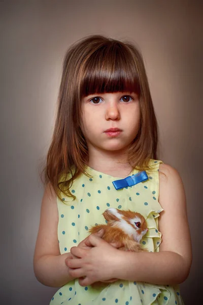 Πορτραίτο ενός κοριτσιού ευρωπαϊκής εμφάνισης με κίτρινο φόρεμα και με κουνέλι — Φωτογραφία Αρχείου