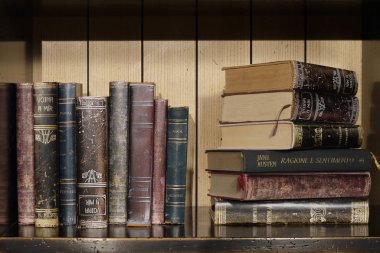 Kütüphane raf ayrıntı kitap ve diğer öğeleri ile