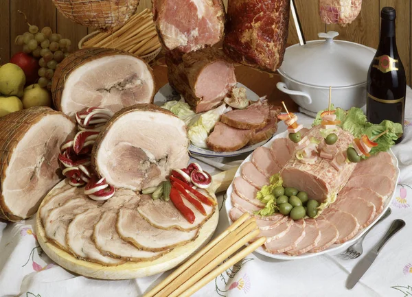 Table Spread Dishes Cold Cuts — Stock Photo, Image