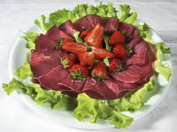 Mixed Antipasto Meat Salad Fruit — Stock Photo, Image