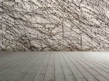 Sarmaşık dallarıyla kaplı beton duvarlı ahşap zemin.