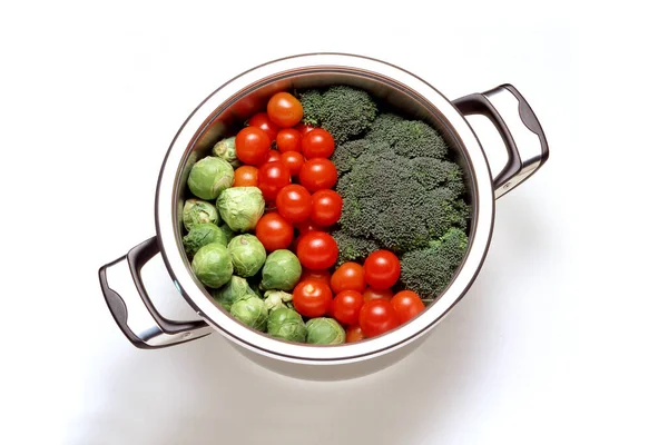 Steel Pot Mixed Vegetables White Background — Stock Photo, Image