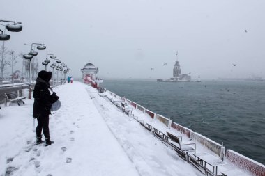 Bakire Kulesi (Kiz Kulesi) kışın karla kaplı ve etrafında İstanbul, Türkiye 'den kuşlar var