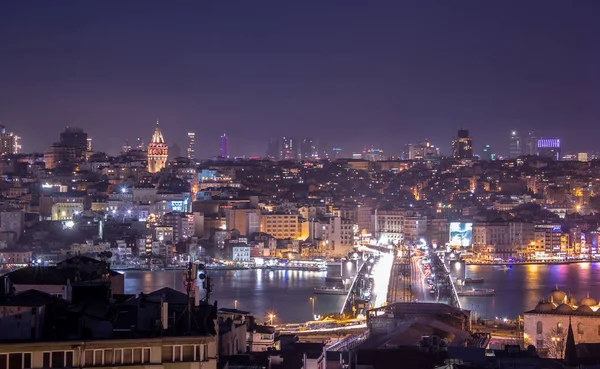 Галатский Мост Галатская Башня Ночью Стамбуле Турция — стоковое фото