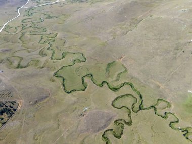 Türkiye 'nin Ordu kentindeki Persembe Platosu' nda sonu gelmeyen dönemeçlerden oluşan hava manzarası. Yeşil ve altın bozkırlarda akan uzun bir yılan nehri. Yüksek açı perspektifi Karadeniz dağ bölgesinin doğal su desenlerini gösteriyor.