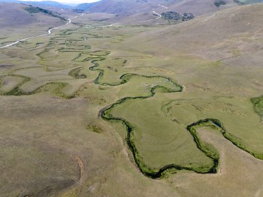 Türkiye 'nin Ordu kentindeki Persembe Platosu' nda havadan seyyar yılan manzarası. Dolambaçlı bir nehir uçsuz bucaksız yeşil ve altın bir vadiden akar. Açık bir yaz gökyüzü altında Karadeniz dağlarının çarpıcı coğrafi harikası. Doğa arkaplanı.