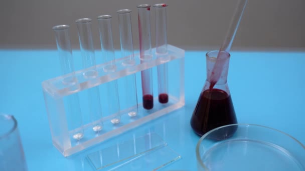 Krevní testy v laboratoři. Kapka krve Pipette do zkumavky. Krevní vzorky. — Stock video