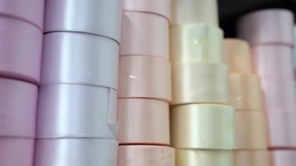Warehouse packing tapes for gifts and flowers. Warehouse with decorations for gifts — Stock Video