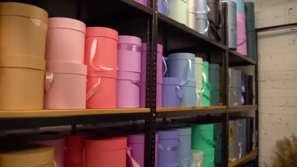 Panning Over Lots Of Colorful decorative Boxes With Gifts And Presents — Stock Video