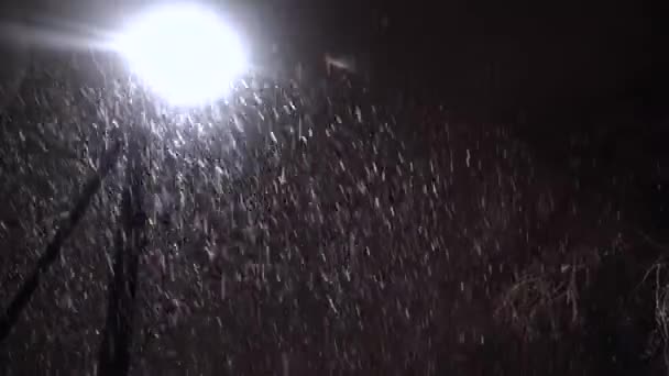 Slecht weer, regen en natte sneeuw. Reflecties nachtlampjes. Sneeuwen 's nachts — Stockvideo