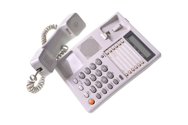Régi fehér irodai telefon fehér háttérrel. Telefon gombokkal Izolált. — Stock Fotó