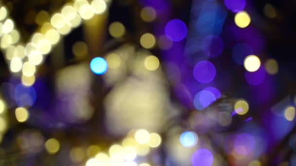 Hors foyer clignotant couleurs vacances lumières la nuit. Lumière déconcentrée douce nouvelle année avec boules de bokeh — Video