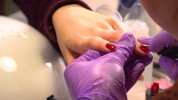 La manicura pinta las uñas de las muchachas en el color rojo claro. Manicura en un salón de belleza — Vídeos de Stock