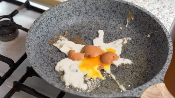 Cómo no freír un huevo. Un huevo con cáscara se fríe en una sartén. Huevo en una sartén caliente y frito junto con la cáscara — Vídeos de Stock
