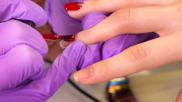 Manicura de uñas con acrílico rojo en salón de belleza. Manicura uñas rojas. Maestro profesional hace uñas cliente manicura con barniz rojo en salón de belleza — Vídeo de stock