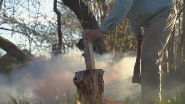 Werknemer hakken hout buiten. Een bijl snijdt door een houten boomstam in nevel — Stockvideo