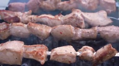 Lezzetli kebap ızgarada dumanla kızartılır. Yaklaş, et