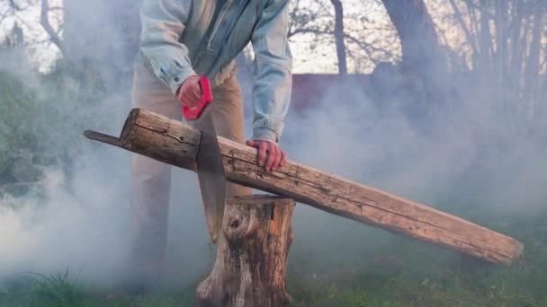 Ručně vyráběné dřevo na topení. Man hand-saws big log — Stock video