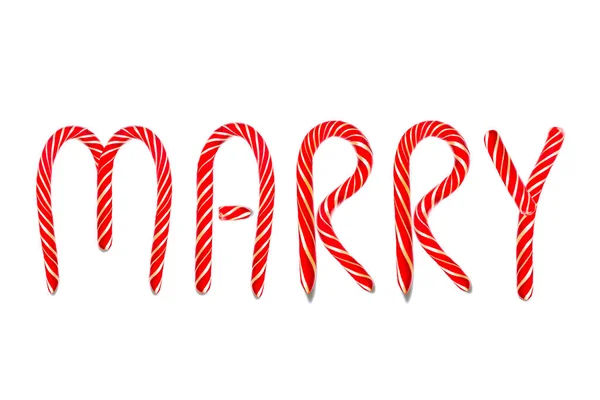 List MARRY stworzony z czerwonej Candy Cane. Tekst dekoracji MARRY Izolacja Na białym tle i przestrzeni kopiowania, widok z góry — Zdjęcie stockowe