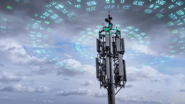 Telekomünikasyon kulesi 5g 4g 3g cep telefonu sinyalleri gönderiyor. Benzetim radyo dalgaları