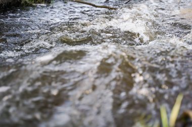 Dağ nehrinde kaynar su. Nehirde küçük çağlayan şelale Yumuşak odak