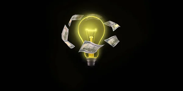 Light bulb with flying dollar bills on the outside on a black background.