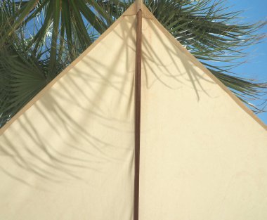 Şemsiye ve avuç içi, gökyüzü bulutlu. seyahat kavramı.