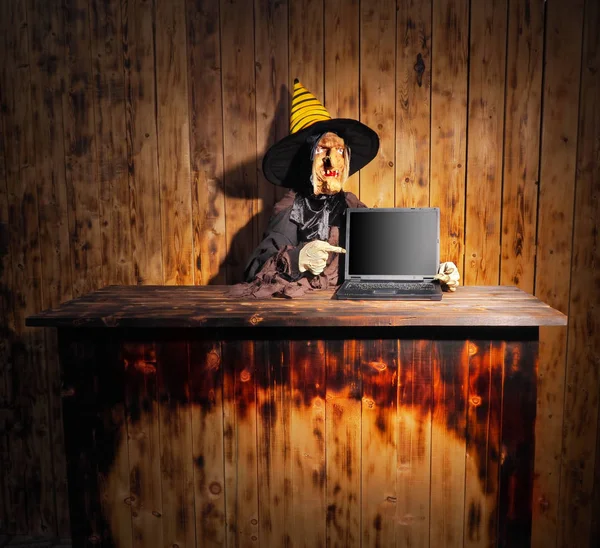 Witch with laptop. Support service concept