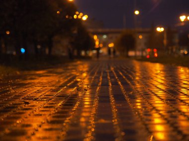 Yağmurlu şehrin bulanık arka planı. Neon ışığı