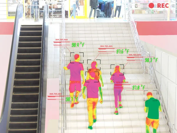 Simulation of body temperature check by thermoscan camera in store for against epidemic flu covid19 or corona virus. 3d illustration