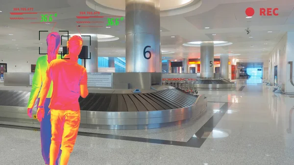Havaalanındaki termoscan kamerasının vücut sıcaklığı simülasyonu. Salgın gribi, kovid19 ya da korona virüsüne karşı. 3d illüstrasyon